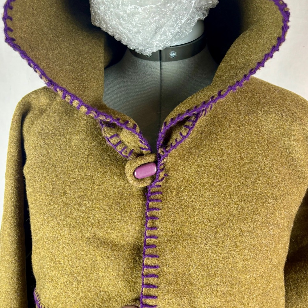 Handmade Hooded Cropped Jacket from Army Green‎ Blanket Button Front Pockets | L - Picture 12 of 16